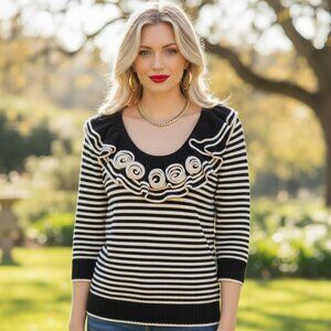 MILLY Cashmere Silk Wool Sweater M Rosettes 3/4 Sleeve Luxury Ruffle Striped